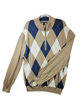 Glen Echo Mens Argyle Zip Pullover Sweater Size L Beige/Blue/White Golf Dad nerd